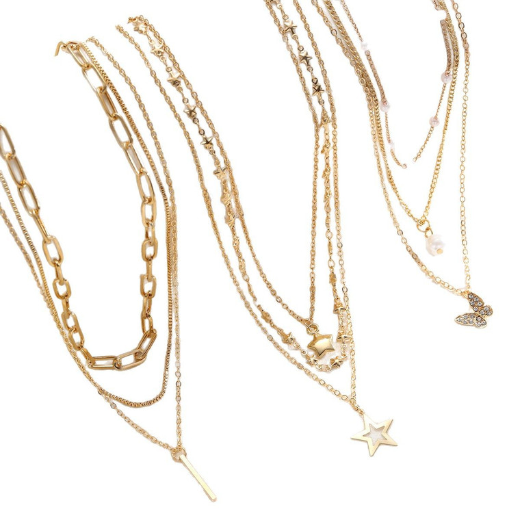 Golden Muse – Layered Zircon Charm Necklace Set