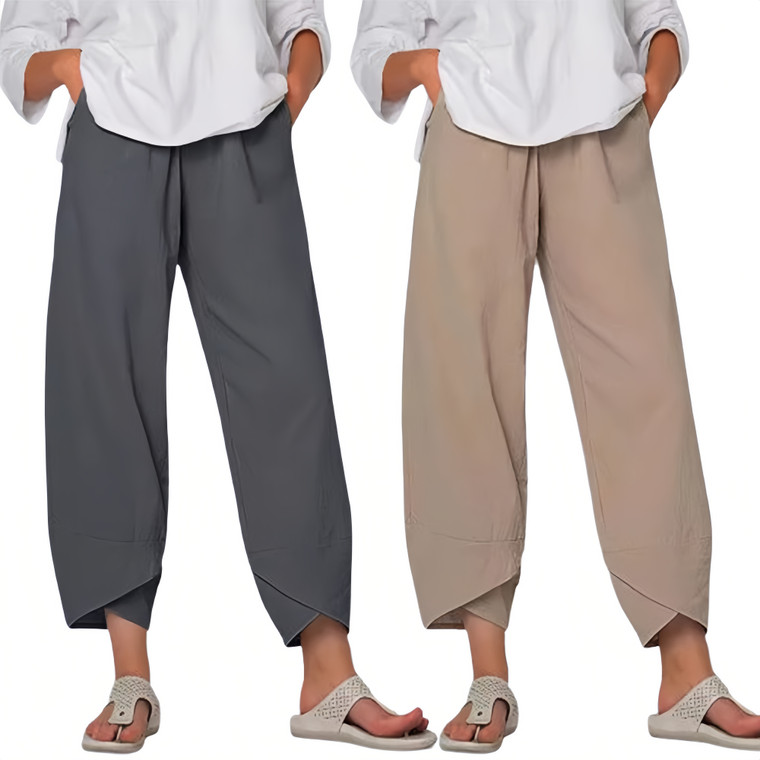NEW  2508  Women's Casual Pants Cropped Pants Loose Straight Elastic Waist Twill Pants with Pockets  9697