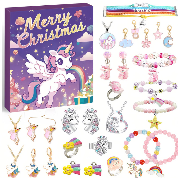 NEW  2509 Christmas Unicorn Jewelry Gift Countdown 24 Grid Calendar Advent Necklace Box  9733