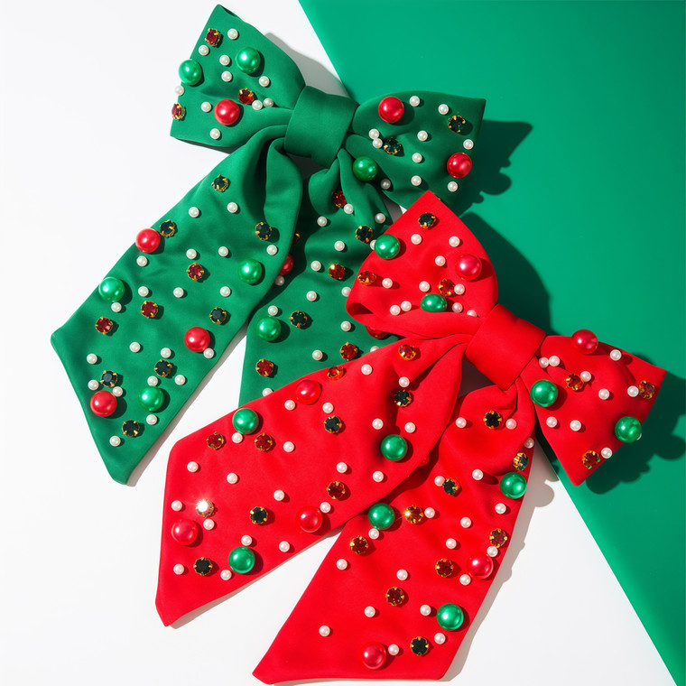 NEW 2509 Elegant Christmas Bow Hair Clip - Sparkling Rhinestone and Pearl Hair Accessories for Women, Party Festival Glam 9808