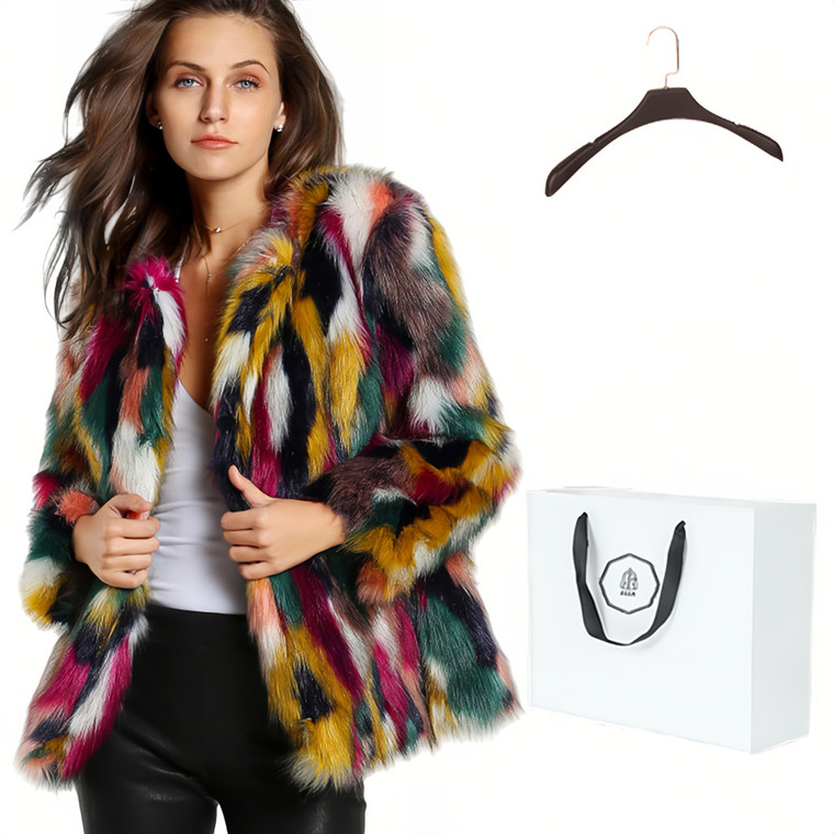 NEW  2510 ELLA Women's Light-Luxury Faux Fur Coat  Rounded Neckline Collarless Jacket  9916