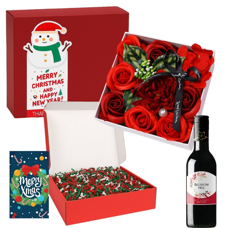 Festive Christmas Hamper Gift Box – Mini Red Wine, Rose Soap Gift, and Christmas Card