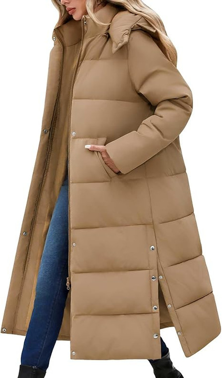 Women's Long Down Coats Winter Ladies Quilted Jacket Thickened Hooded Coat Warm Padded Parka Zip Up Puffer Jackets Longline Outdoor Water Repellent Outwear with Pockets