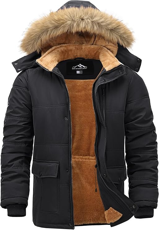Men's Warm Winter Jacket Fleece Lining Windproof Outdoor Coat Thermal Parka with Detachable Hood
