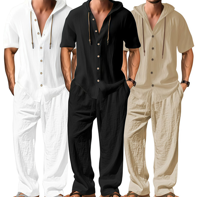 NEW 2512 Men's sports and leisure suit hooded cotton and linen J007