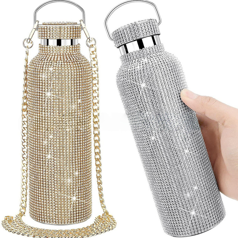 NEW 2512 Luxury Bling Rhinestone Stainless Steel Insulated Water Bottle with Chain (500ml) B010
