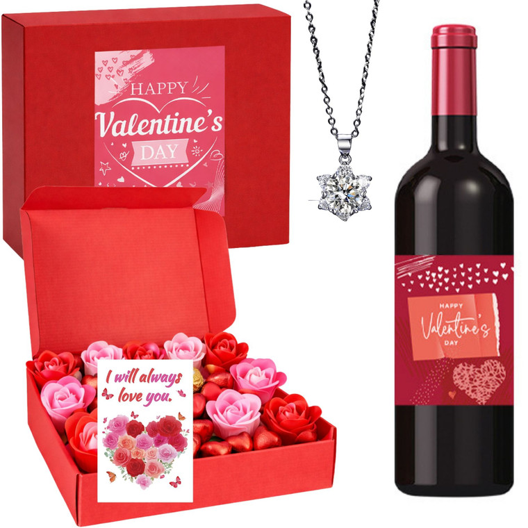 Valentine’s Day Luxury Love Gift Box with Mini Wine, Moissanite Silver Necklace & Chocolates