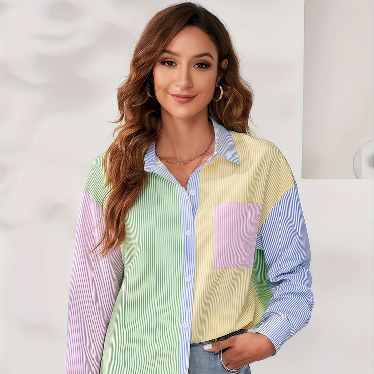 NEW 2602 Women’s Oversized Colourblock Stripe Button Shirt – Long Sleeve Casual Tunic Top B043