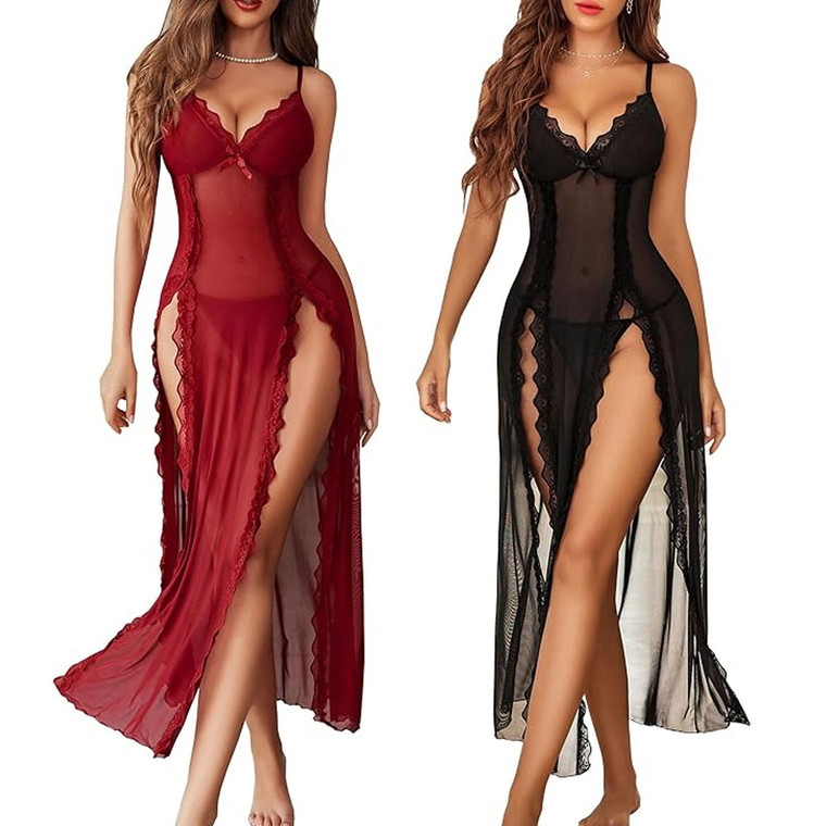 NEW 2602 ELLA Women’s Lace Trim Nightdress, Sleeveless Mesh Lingerie Dress 9995