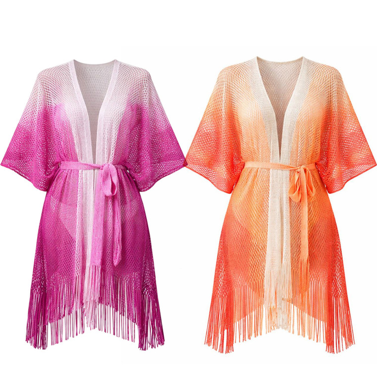 NEW Women’s Mesh Kimono Cover Up with Belt Fringe Beachwear L026
