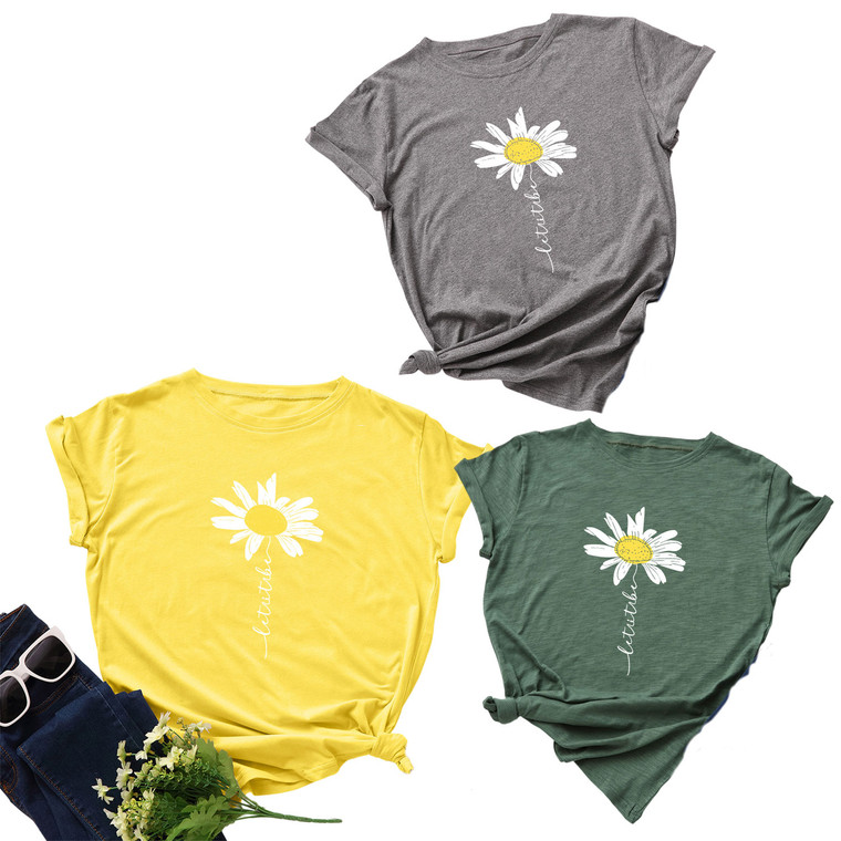 NEW 2603  Women’s Daisy Print Short Sleeve T-Shirt Casual Top Y059