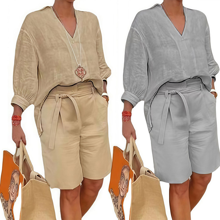 NEW 2604 Women’s V Neck Loose Top And Shorts Co Ord Set Y068