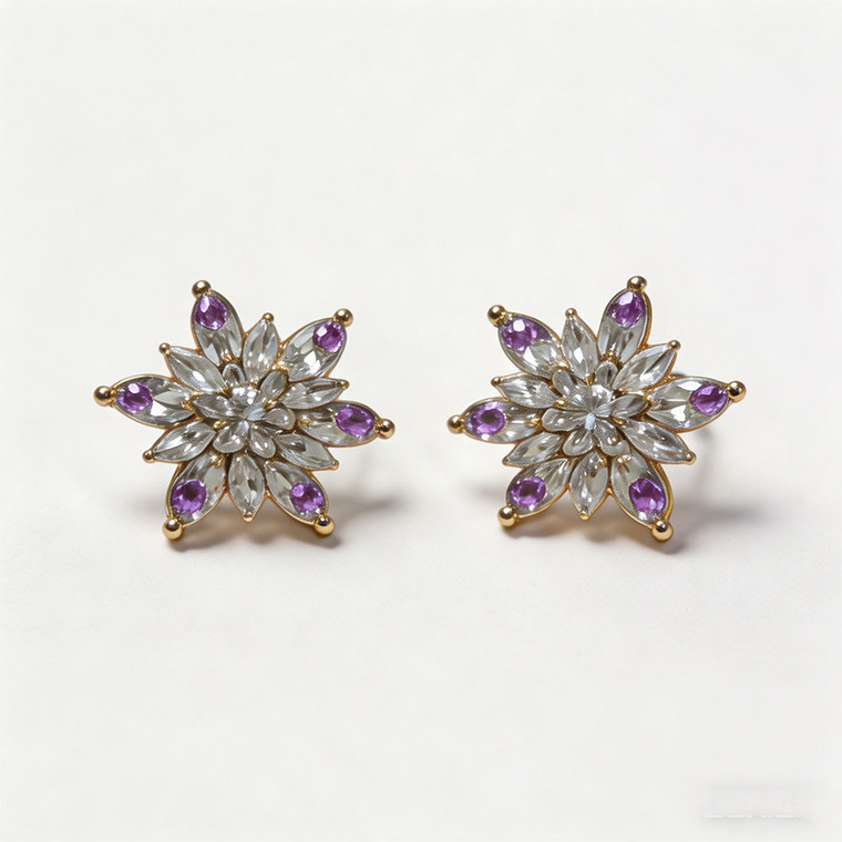 NEW 2604 Exquisite Snowflake Earrings, Handmade Sparkling Purple Austrian Crystal & Cubic Zirconia Stud Earrings for Women J092