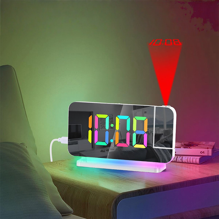 NEW 2604 Projection Alarm Clock 180° Rotatable, 7.4" LED Mirror Display, RGB Night Light, USB-C, Auto Dimmer B112