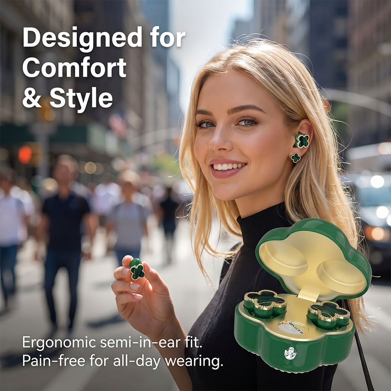 NEW 2604 CloverLuxe AI Wireless Earbuds – Elegant Semi In-Ear Translation Earphones with Compact Charging Case J121