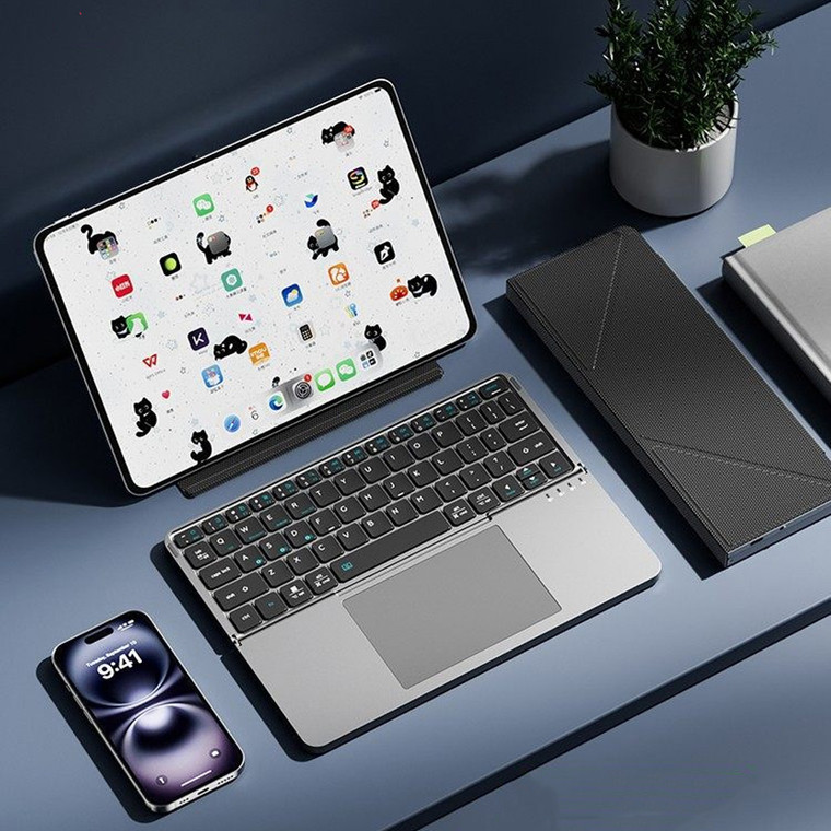 NEW 2604 Wireless Foldable Bluetooth Keyboard with Touchpad, Detachable Leather Stand, Portable for Tablet & Phone B127