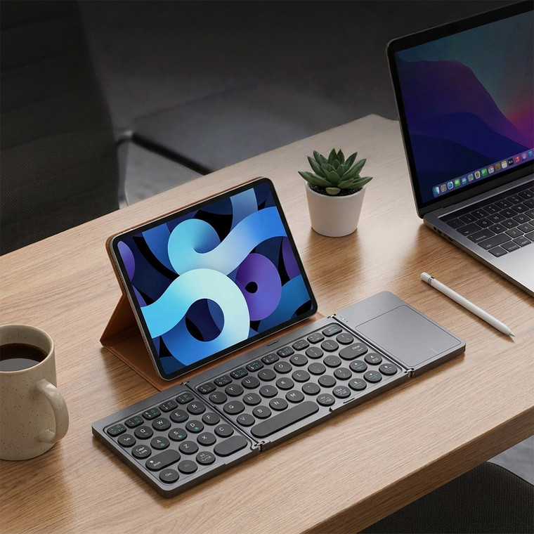 NEW 2604 Foldable Bluetooth Keyboard with Touchpad, Detachable Leather Stand, Portable Wireless Keyboard for Tablet & Phone B128