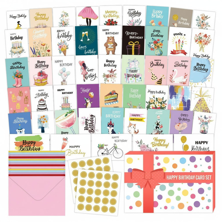 NEW 2605 50 Pack Happy Birthday Cards Set, Assorted Designs with Envelopes & Gold Stickers, Blank Inside for All Ages J155