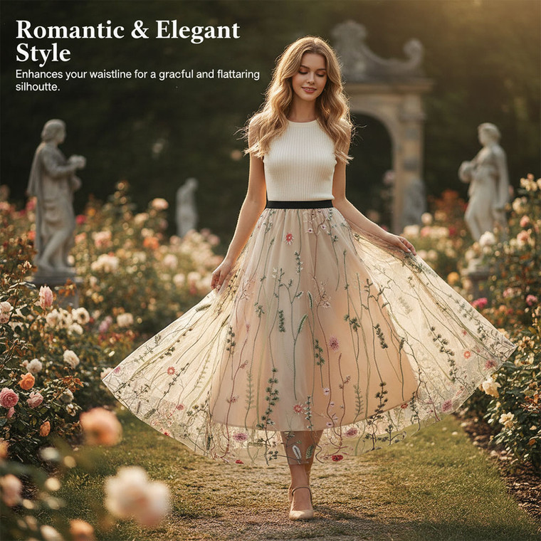 NEW 2605 Women Floral Embroidered Tulle Midi Skirt, Elastic High Waist A-Line Double Layer Mesh Skirt J159