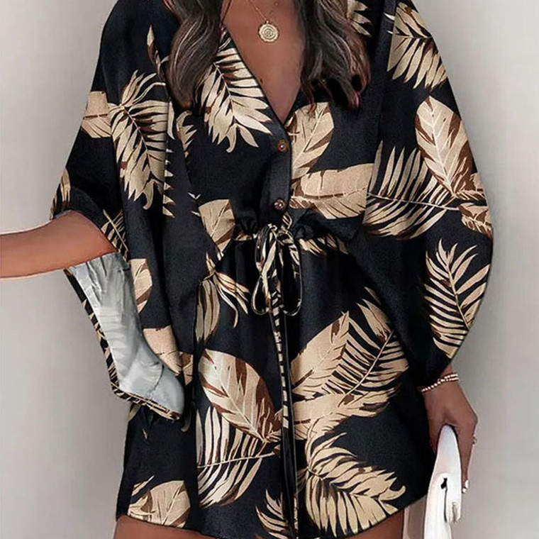 NEW 2606 Tropical Palm Leaf Print V-Neck Shirt Dress, Drawstring Waist Batwing Sleeve, Summer Beach Holiday Dress J163