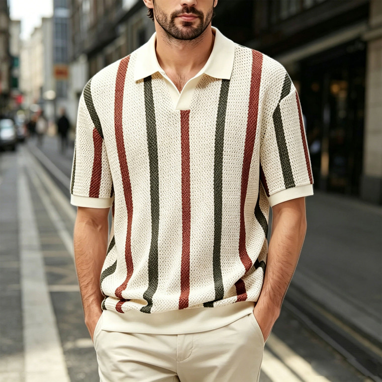 NEW 2607  Men Summer Knit Polo Minimal Stripe Top  Y167