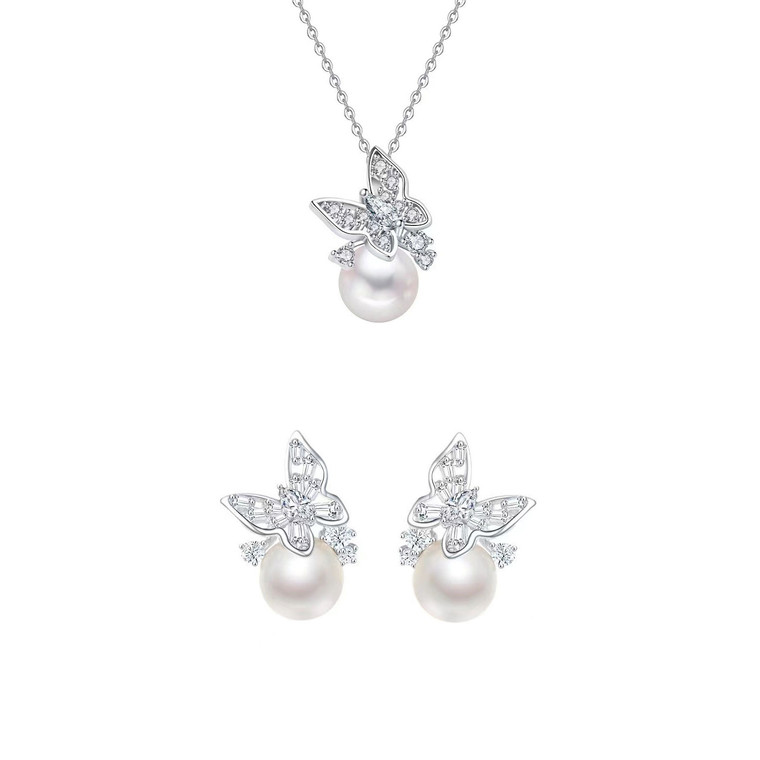 NEW 2607   Butterfly Pearl Necklace and Earring Set Jewelry for Women Y169