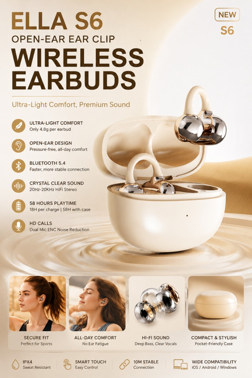 S6 Open-Ear Ear Clip Earbuds Lightweight & Comfortable