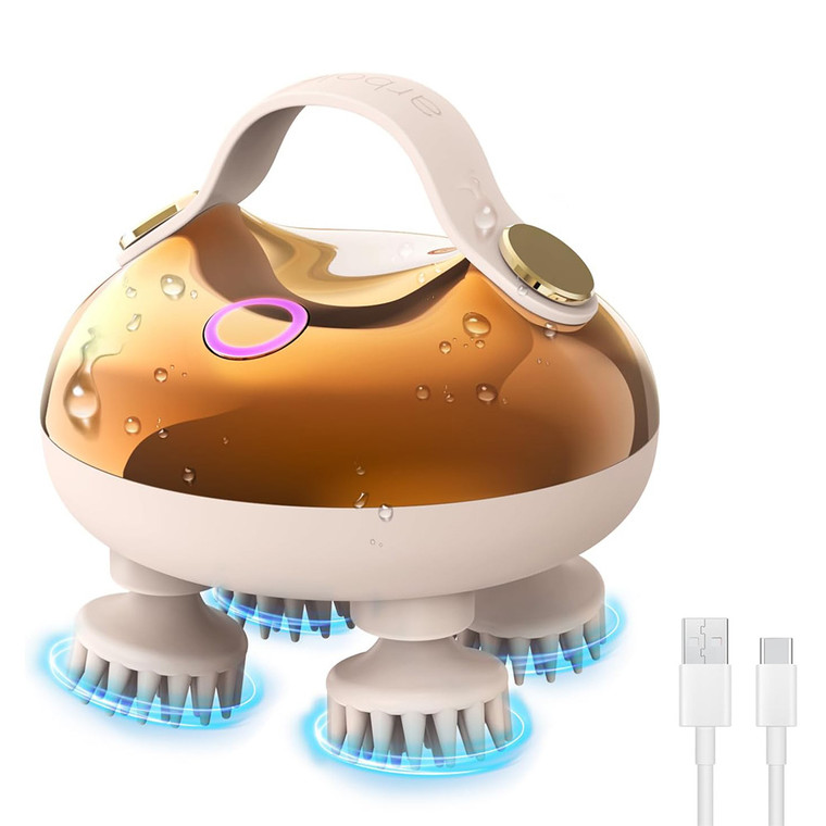 NEW 2607 Electric Scalp Massager Waterproof Hair & Body Massager with 4 Silicone Massage Heads USB Rechargeable B209