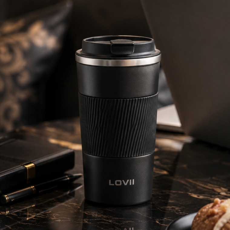 LOVII Elite 380ml Vacuum Insulated Stainless Steel Travel Mug Black