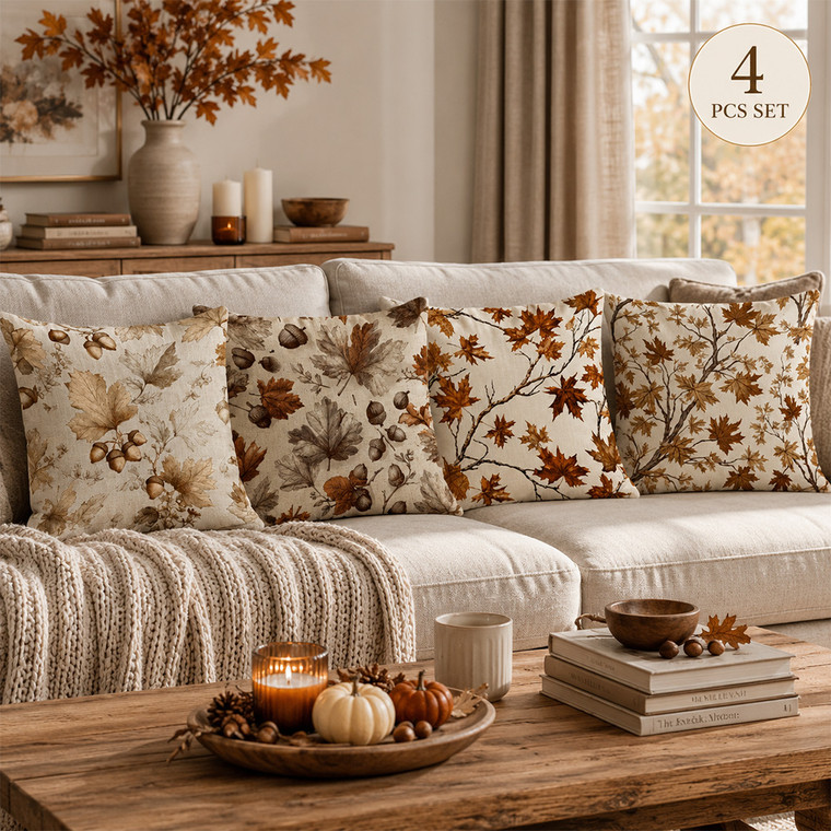 NEW 2608 Set of 4 Autumn Cushion Covers 45 x 45 cm, Maple Leaf Decorative Pillow Cases, Soft Polyester Sofa Covers B238