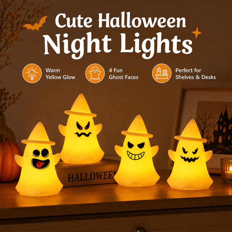 NEW 2608 4 Pack Halloween Light Up Ghost Decor, Witch Hat Table Night Lights for Party J228