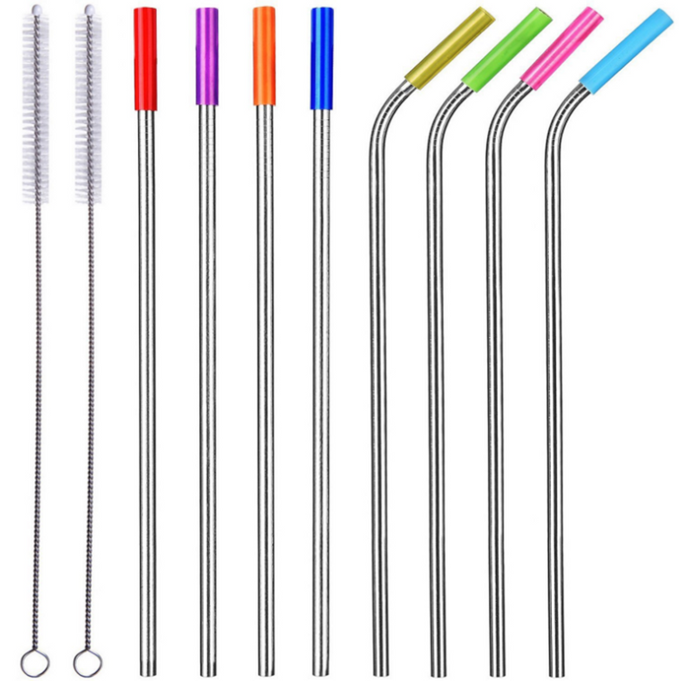 Stainless Steel Wide Drinking Straws with Colored Silicone Tops Pack of 8