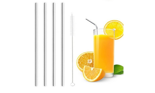 Silver Stainless Steel Drinking Straws, Bent or Straight, with Brush Pack of 4
