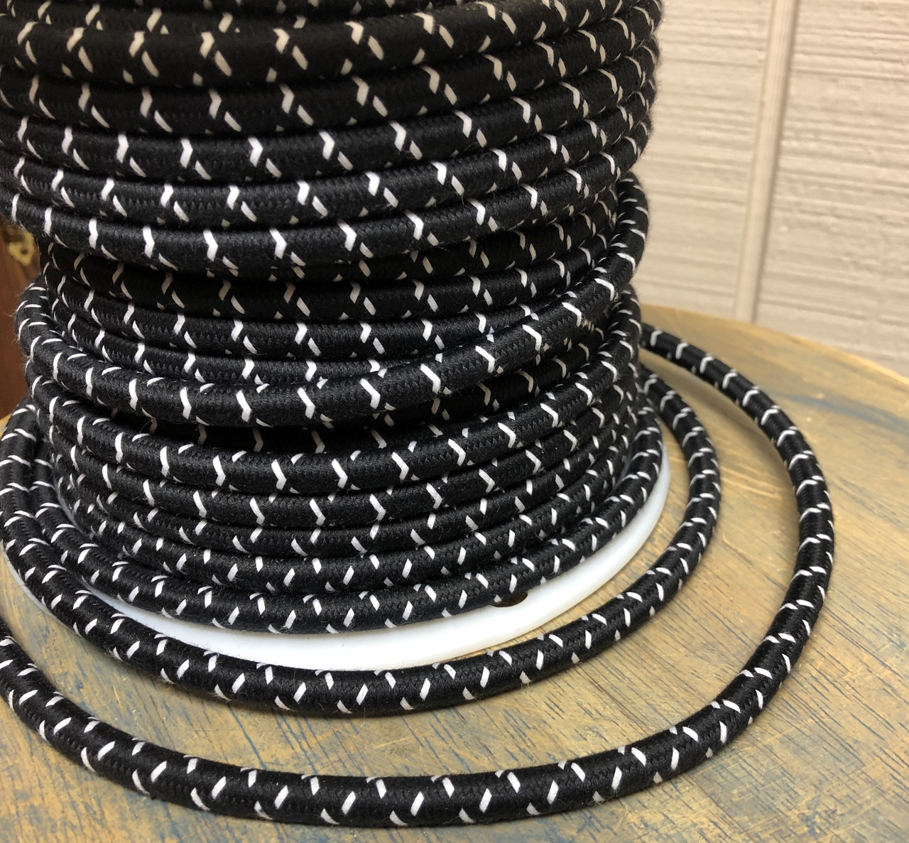 Black w/ White Cross-Stitch Tracer Round Cloth Covered 3-Wire Cord, Cotton  - PER FOOT