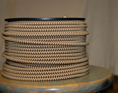 Fabric Braided Color Wire: Hounds-Tooth Brown & Tan Round Cloth Covered 3-Wire Cord, Nylon - PER FOOT
