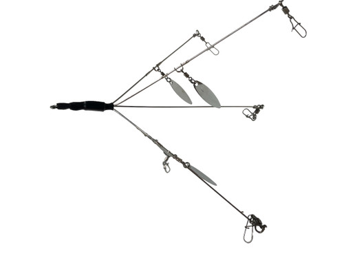 The G-Wagon arig is a 5 wire 4 blade rig that comes equipped with a swiveled line tie, heat shrink head, heavy duty snaps.