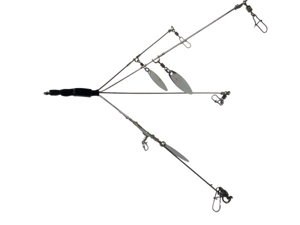 The G-Wagon arig is a 5 wire 4 blade rig that comes equipped with a swiveled line tie, heat shrink head, heavy duty snaps.