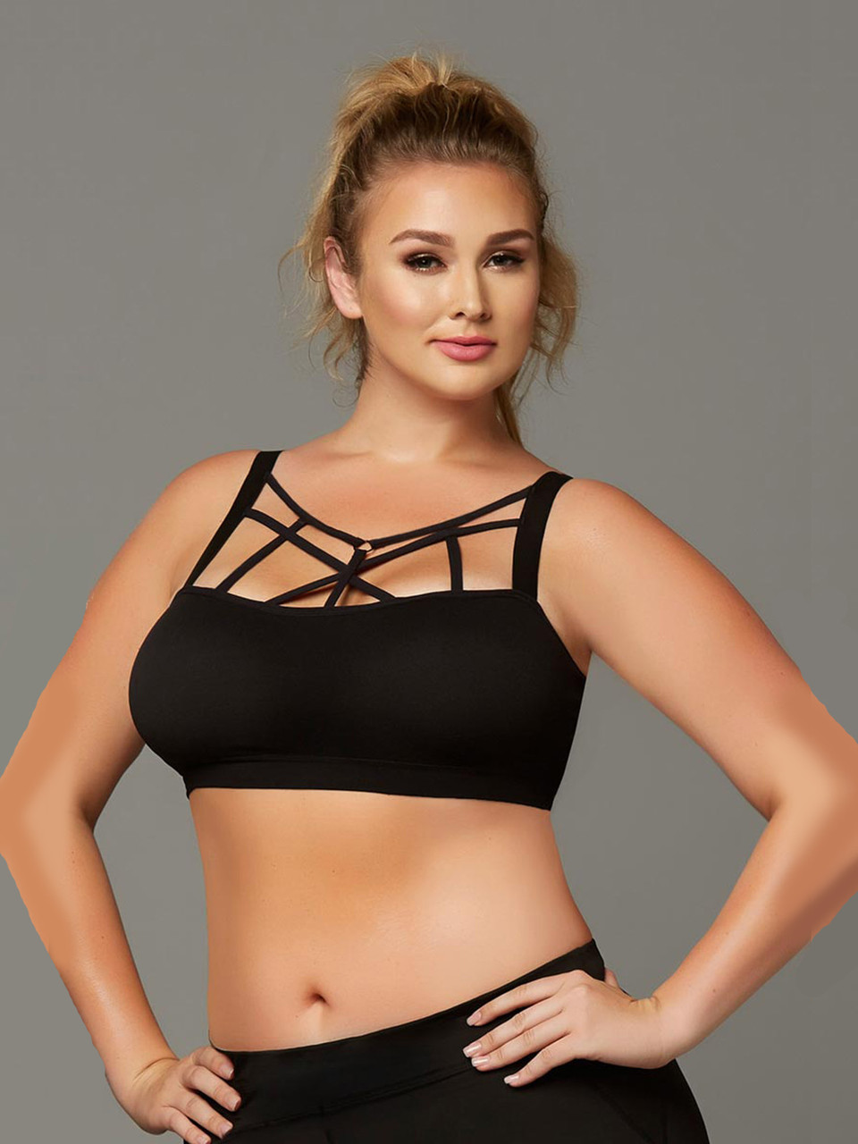 Seven Til Midnight Womens Plus Size Athletic Seamless Strappy Detail Active  Sports Bra Top