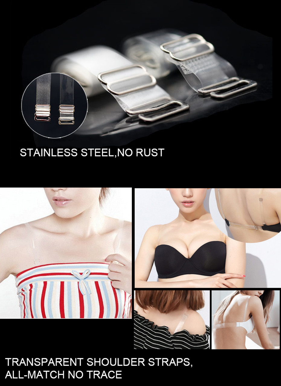 Womens Stainless Steel Adjustable Transparent Clear Silicone Bra Shoulder  Straps Extenders- 1 Pair