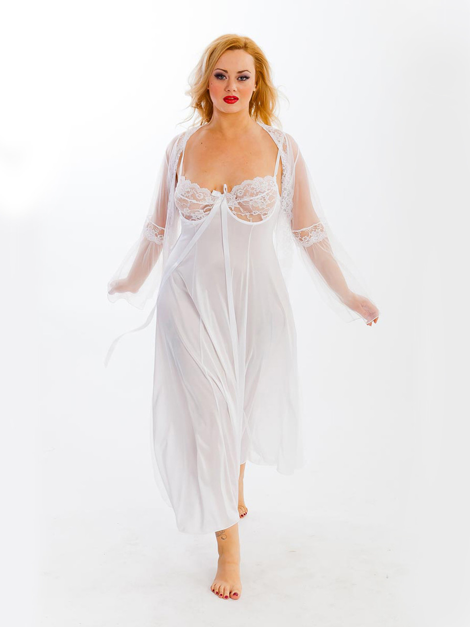 Plus Size Sexy Full Figure Long Gown Peignoir Lingerie Set 
