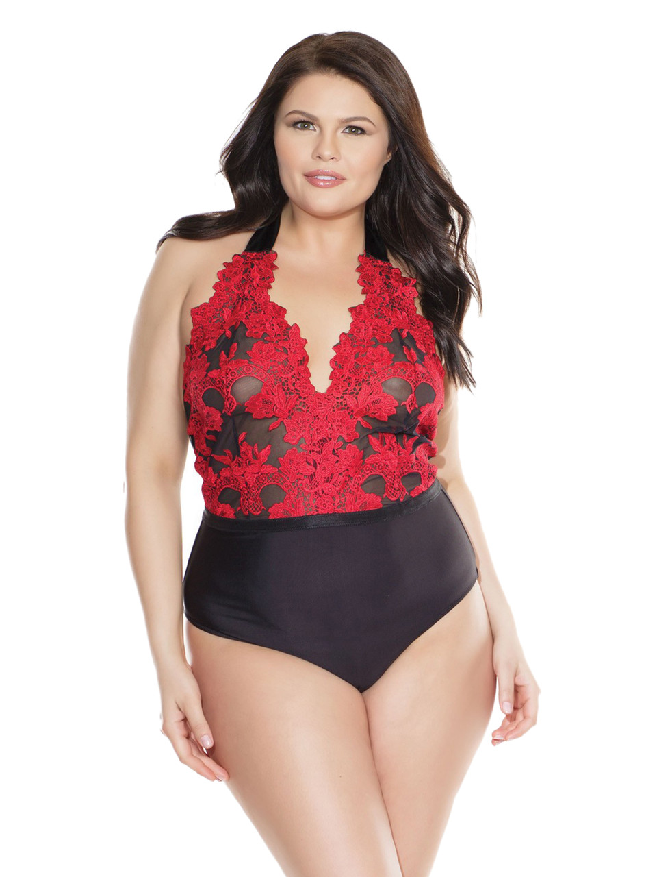 Womens Plus Size Embroidered Floral Sheer Teddy Bodysuit Lingerie