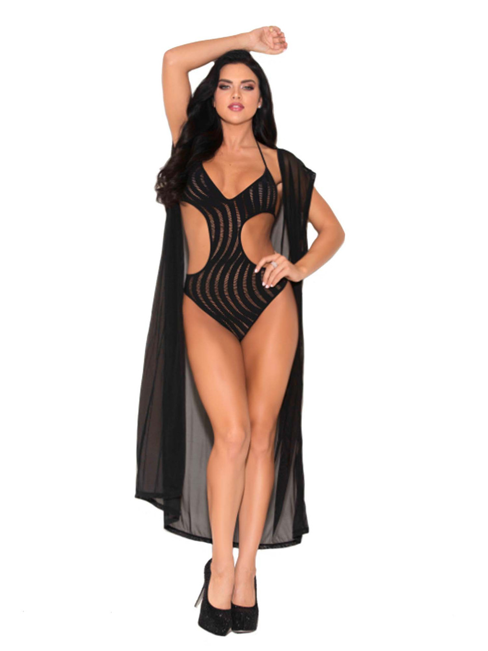 sleeveless long black sheer mesh robe