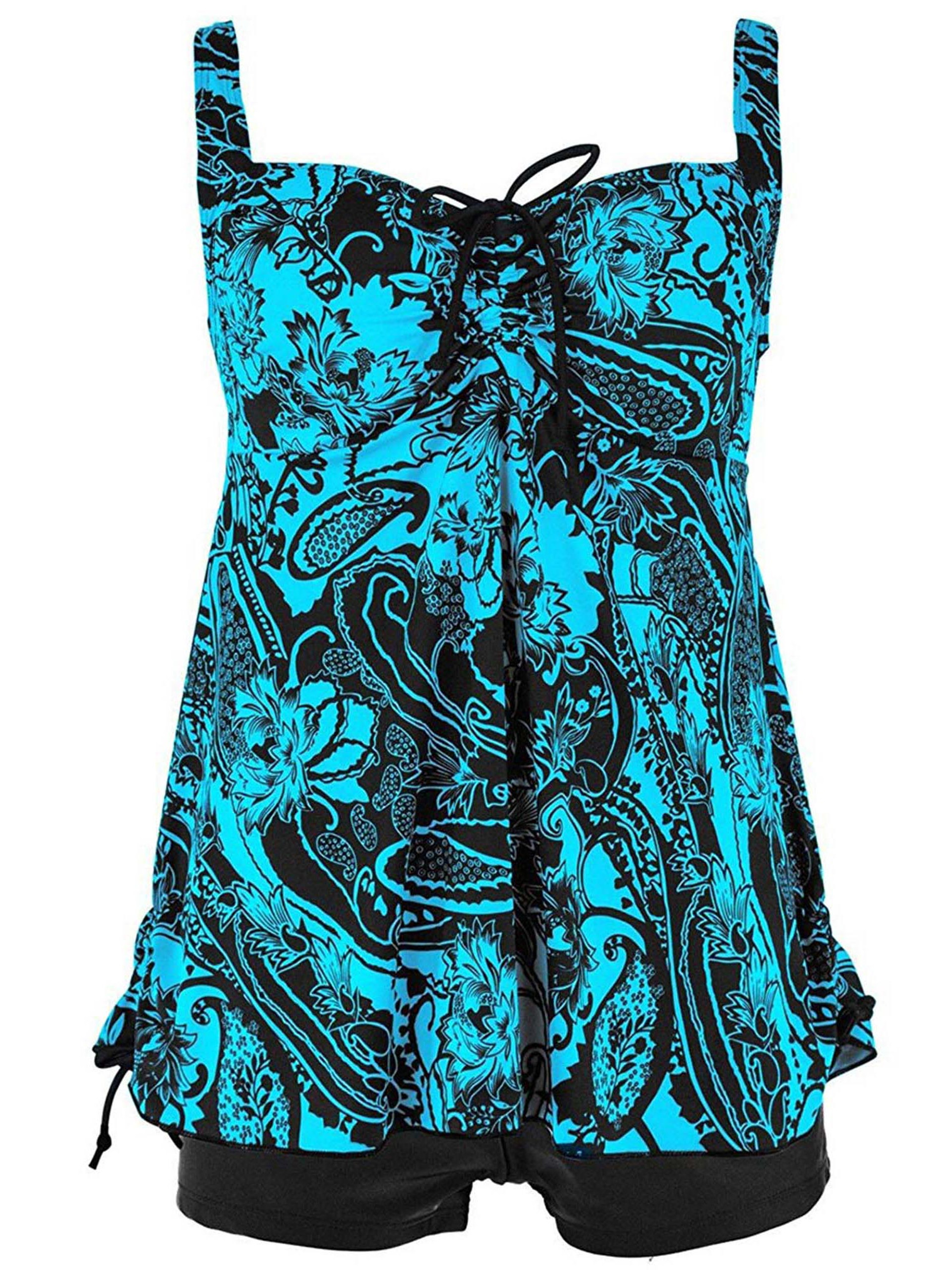 Plus Size Curvy Blue Floral Print Tie Back Cinch Fashion Swimsuit ...