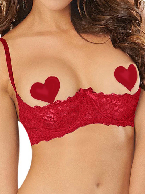 Plus Size Open Cup Red Stretch Lace Underwire Shelf Bra