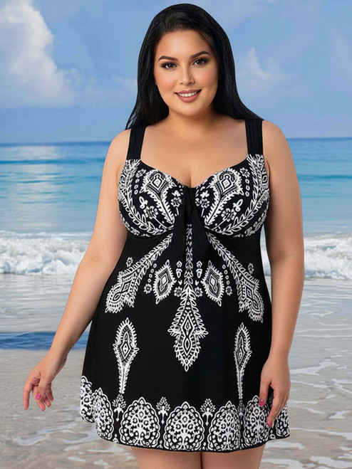 Plus Size Paisley Print Pin Up Swimdress Style Swimsuit Editorial