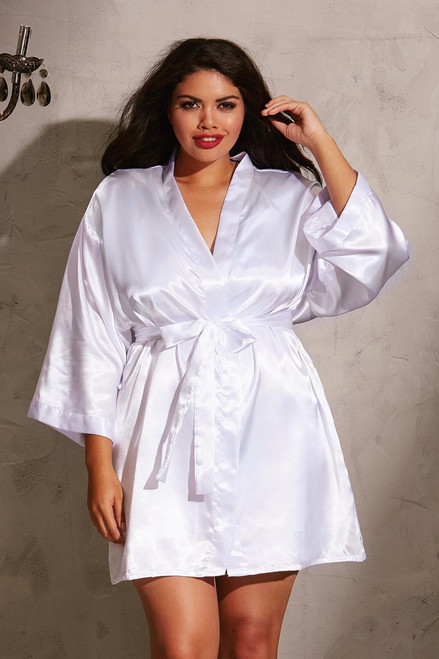 Plus Size Lingerie White Charmeuse Satin Robe and Chemise Slip Set