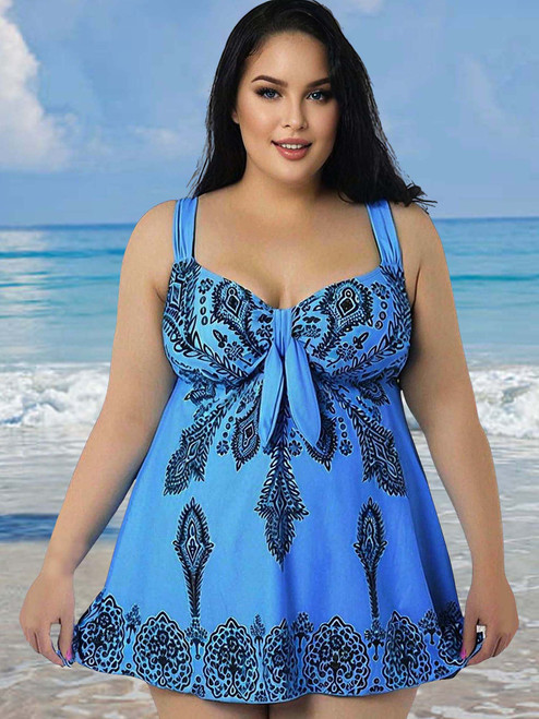 Plus Size Sky Blue Retro Print Fashion Pin Up Swimdress Style Tankini Set