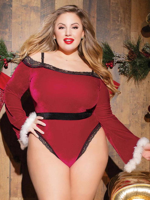 Womens Plus Size Velvet Off Shoulder Faux Fur Holiday Crotchless Teddy Bodysuit Lingerie