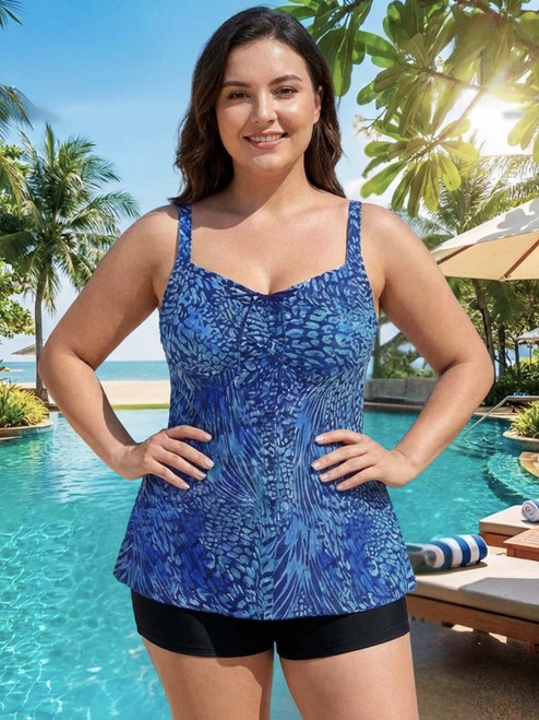 Plus Size Blue Leopard Print Tie Back Fashion Swimsuit Tankini Swimwear Set