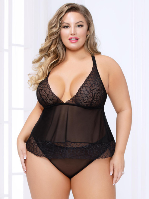 Women Plus Size Lace and Mesh Cami and Panty Pajama Lingerie Set